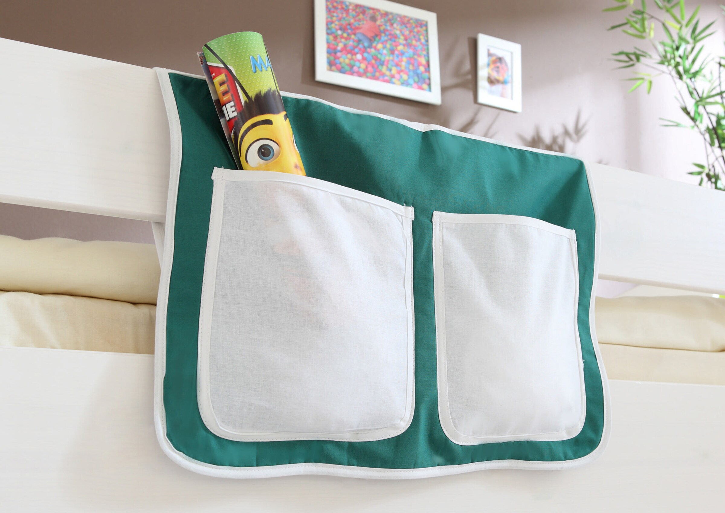 Ticaa Kinder Bett-Tasche für Hochbett und Etagenbett Dunkelgrün-Weiß (Goal)