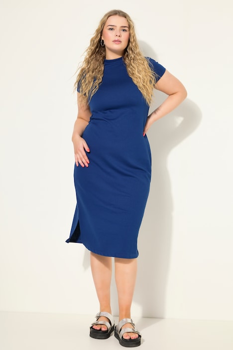 Jersey-Midikleid, Slim, Rippjersey, Stehkragen, Halbarm, OEKO-TEX