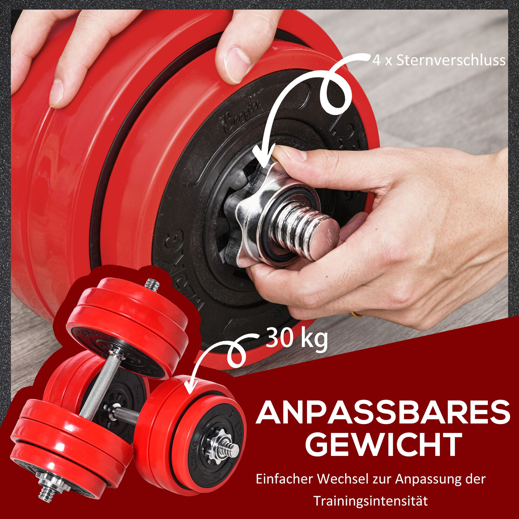 HOMCOM Hantel-Set 2-in-1 Verstellbare Hantel Rot 21,5 x 21,5 x 3,8 cm (BxTxH)