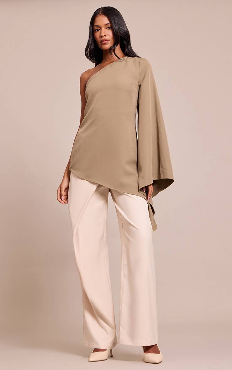 Kaki Haut Long Asymétrique À Manche Évasée En Tissu Tissé Pour Grande Taille