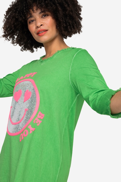 T-Shirt, A-Linie, Pailletten-Smiley, V-Ausschnitt, 3/4-Ärmel