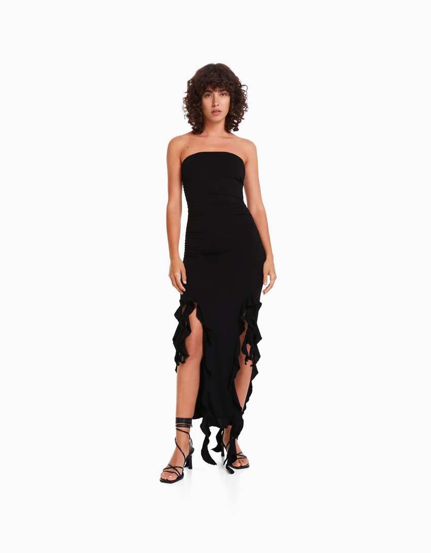 Vestido longo tomara que caia com babados