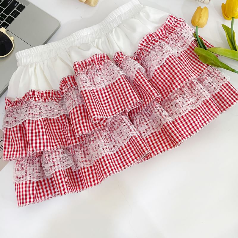 Iasia - Mini A-lijn rok met elastische taille en ruitjeskant
