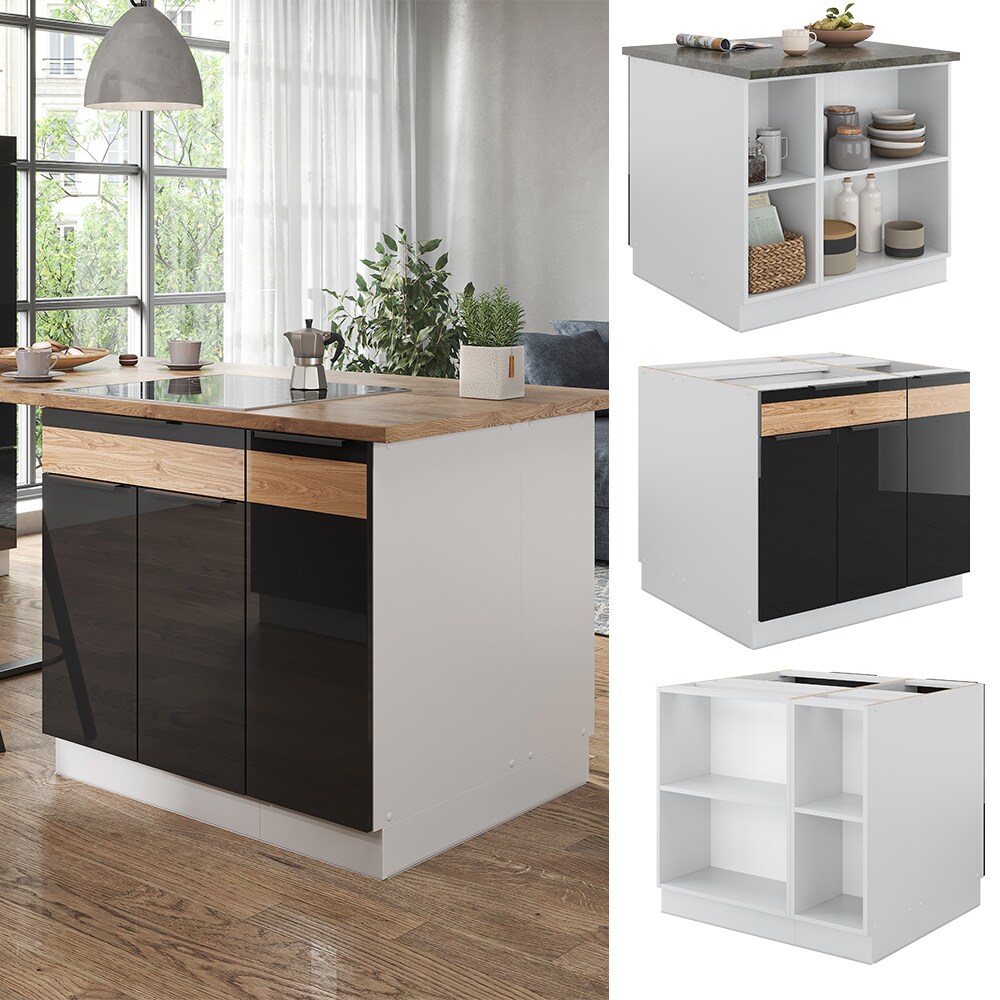 Vicco Kücheninsel Küchenblock Einbauküche Fame-Line Weiß Schwarz Eiche 90 cm modern Hochglanz Küchenschränke Küchenmöbel