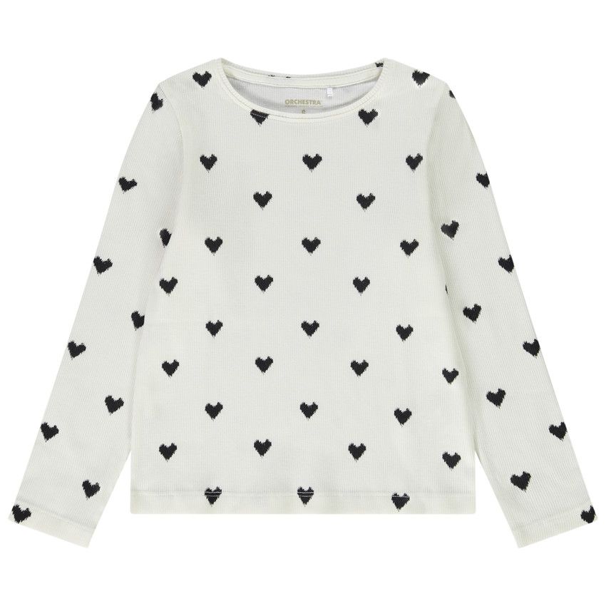 T-shirt manches longues en coton imprimé coeurs pour fille - Ecru