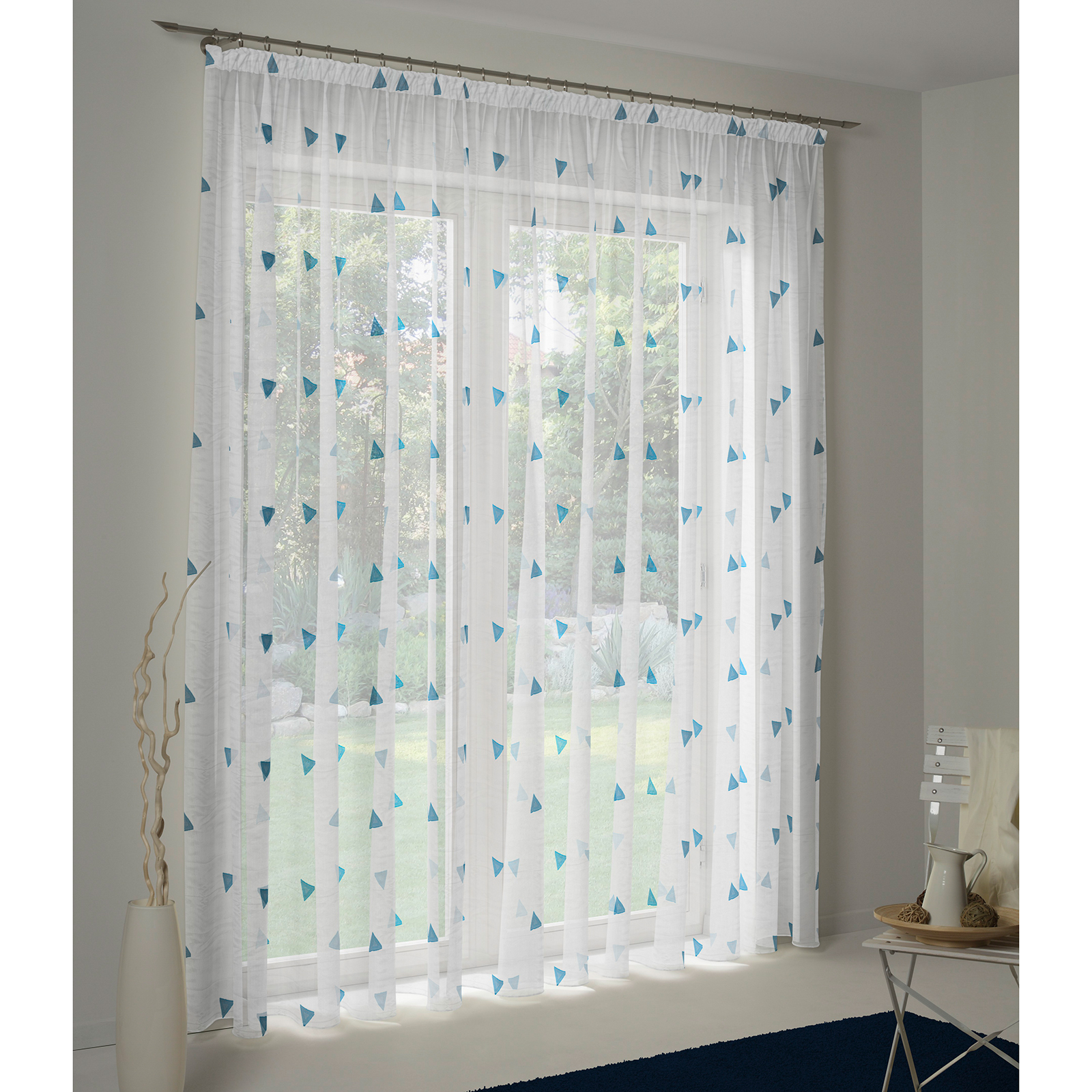 Vorhang - transparent-blau - Dreiecke - 300x125 cm