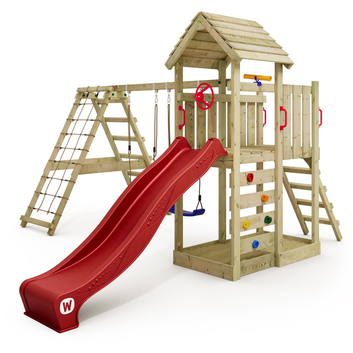 WICKEY RocketFlyer speeltoren klimtoestel met schommel en glijbaan, klimtoren met zandbak, klimuitbreiding en speelaccessoires - rood