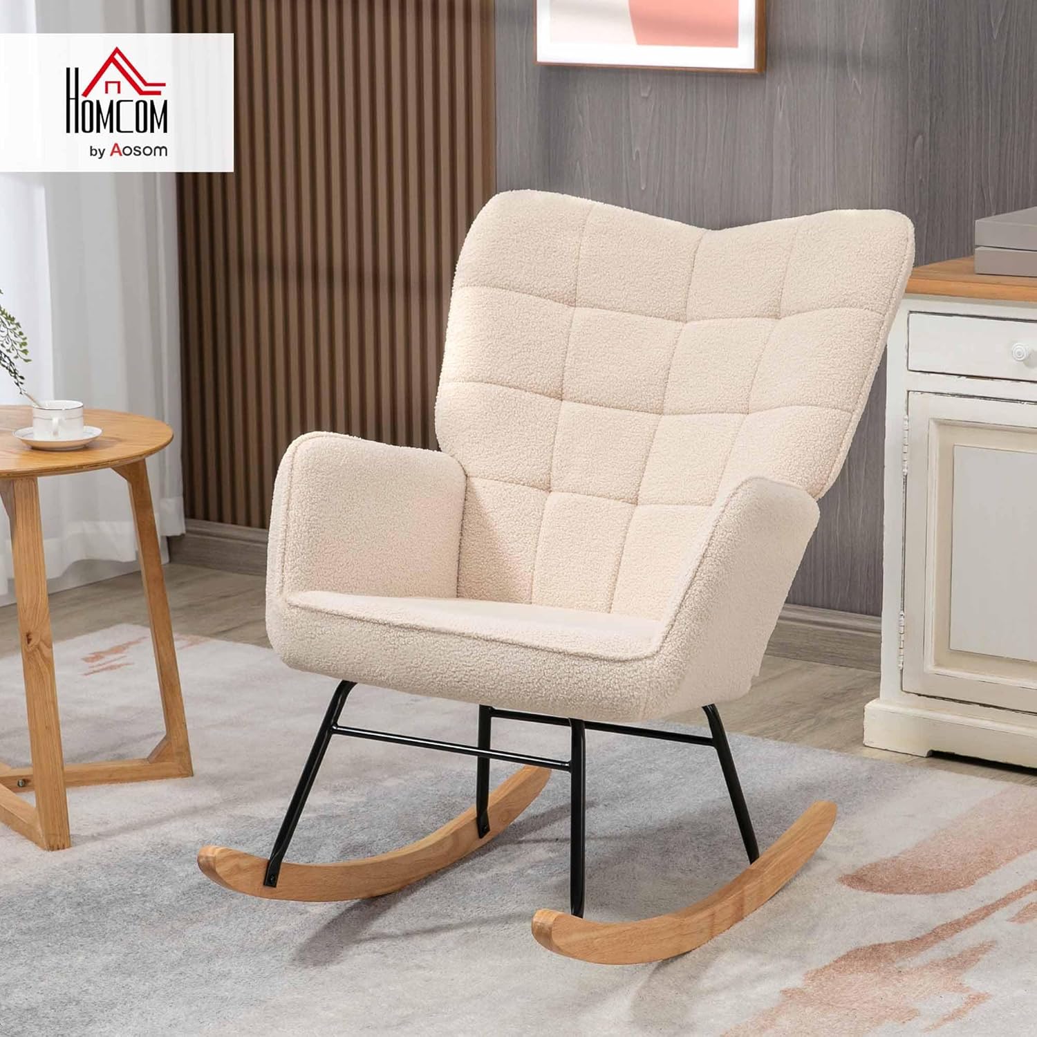 HOMCOM Schaukelstuhl, Schaukelsessel mit Berbervliesoptik, Armlehne, Gepolsterter Sessel mit Holzkufen, Relaxsessel für Wohnzimmer, Schlafzimmer, bis 120kg belastbar, Beige