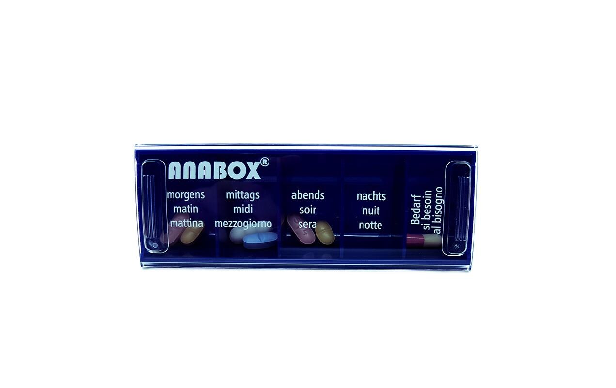 Tagespillenspender Medidispenser blau 5 Fächer DE/FR/ITMedikamentenbox