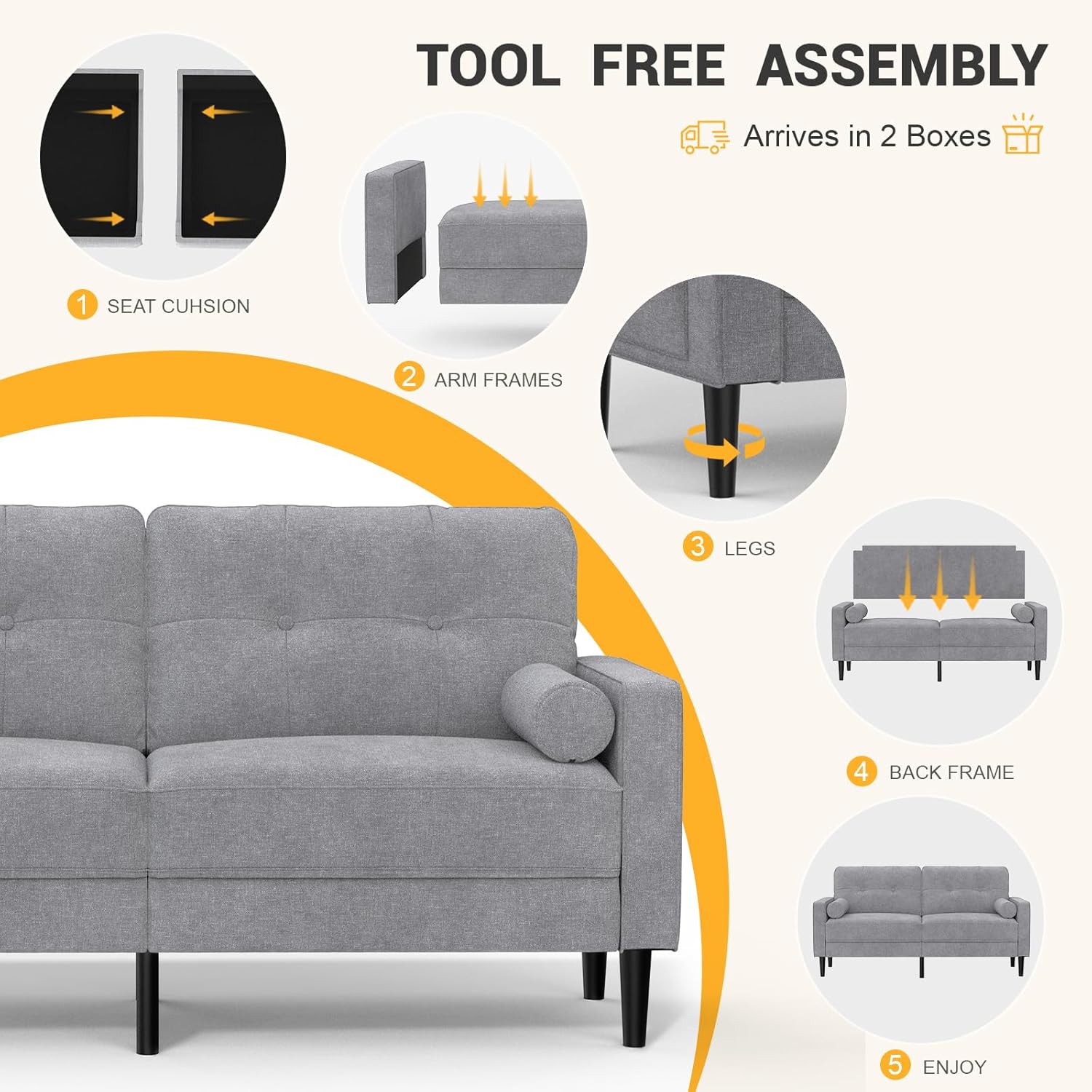 Sofa 2 Sitzer, Modernes Design Mit Dicken Polstern, 2 Kissen, Bequemes Leinensofa Mit 2 Staufächern für Wohnzimmer/Schlafzimmer/Büro, Leicht Zusammenzubauendes Kleines Möbelstück, Grau