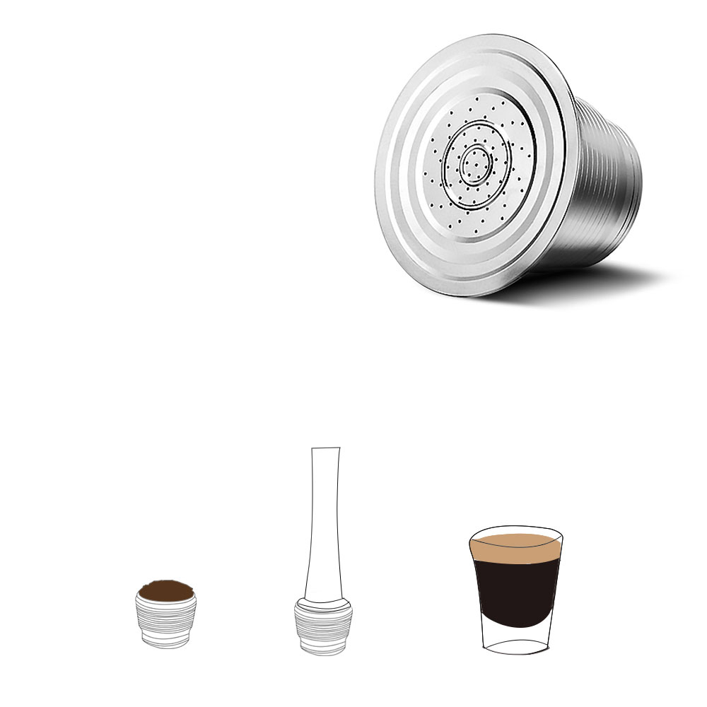 (3-tlg. Set) Wiederverwendbare Edelstahl Kaffeekapsel Umweltfreundliche Nespresso Kapsel inkl. Pulver Presser / Messlöffel