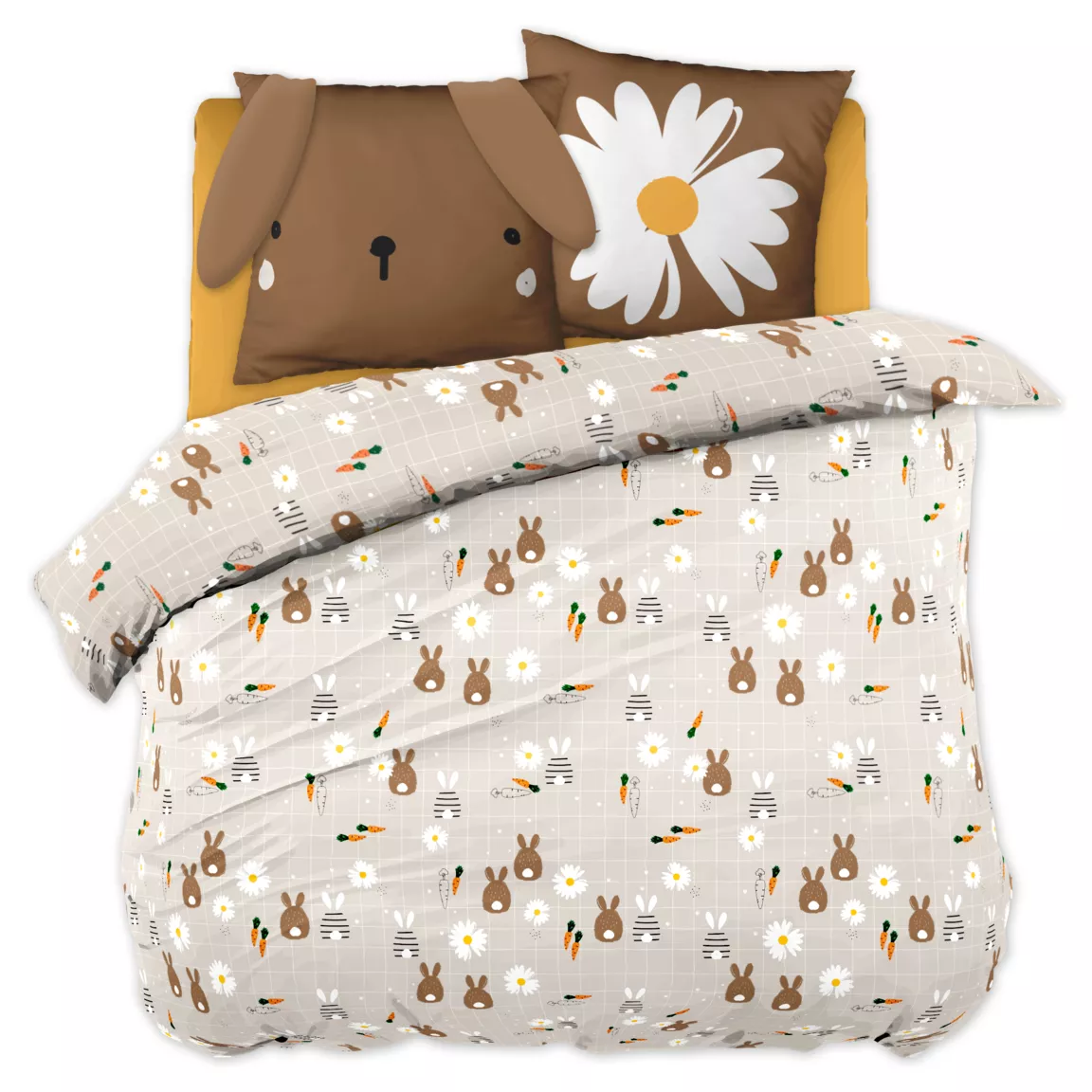 Housse de couette et deux taies enfant coton (240 x 220 cm) Pompon Marron