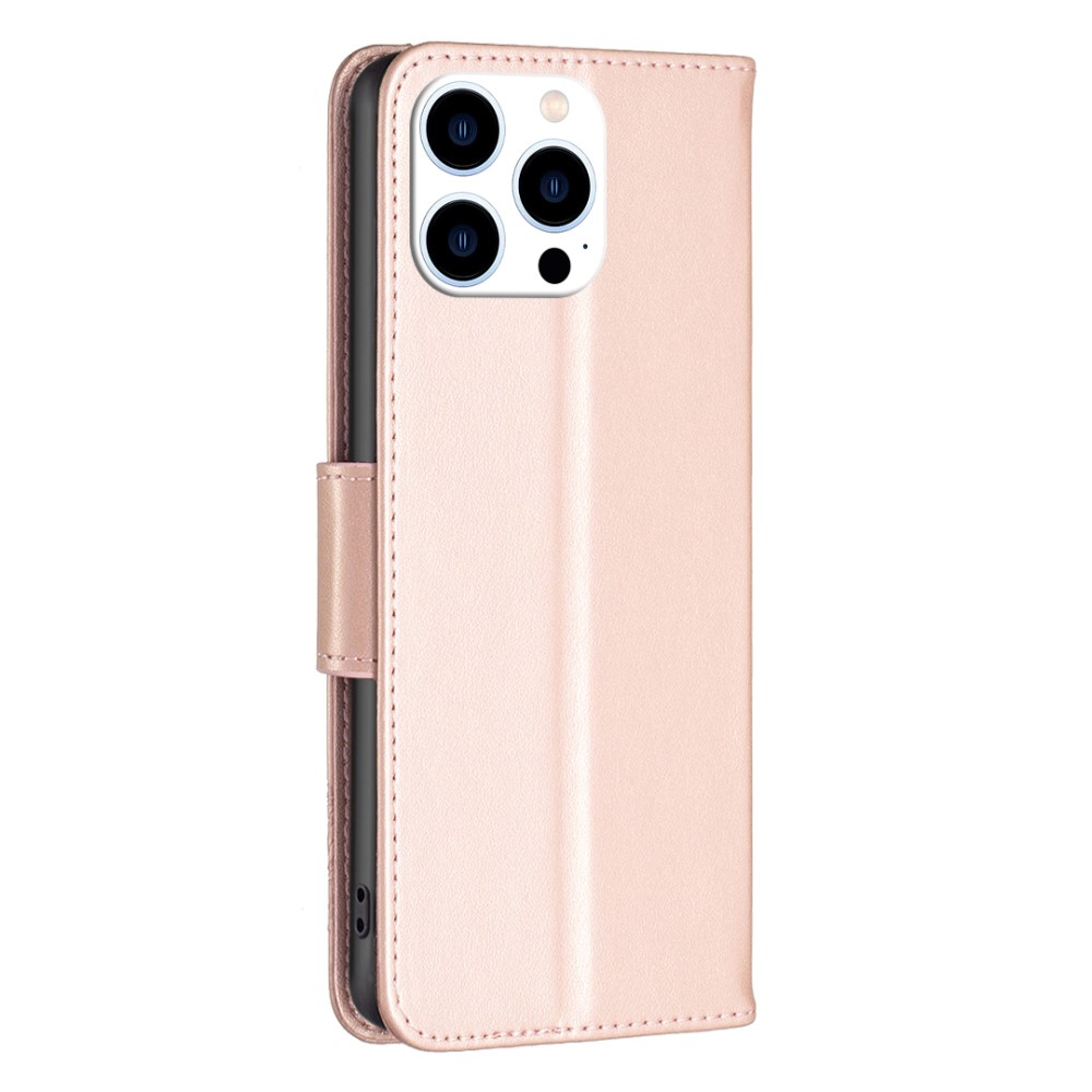 iPhone 15 Pro Leder Tasche mit Kartenfach   Handschlaufe Schmetterling - Roségold