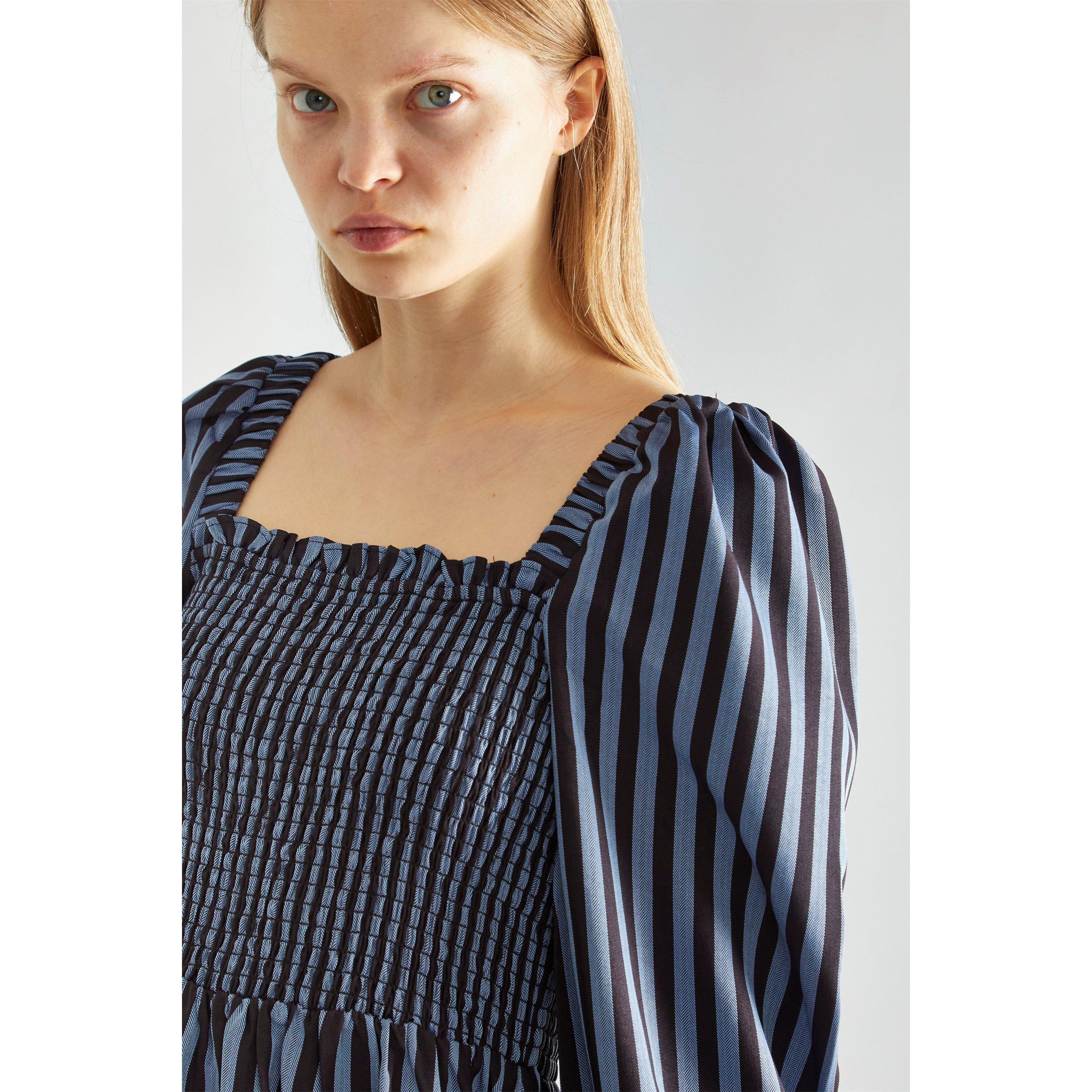 Glamorous Blue Black Stripe Shirred Midi Dress