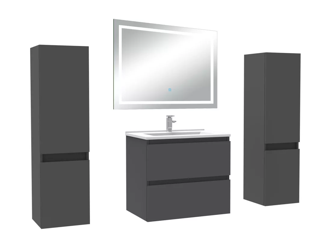 Ensemble meubles Salle de Bain 60cm avec colonne et miroir lumineux 3 couleurs Anthracite