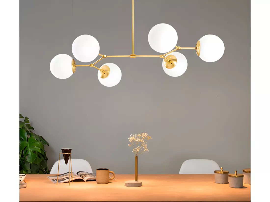 Lustre en métal - 6 globes - L. 100 x H. 52 cm - Doré et blanc - DAMAR