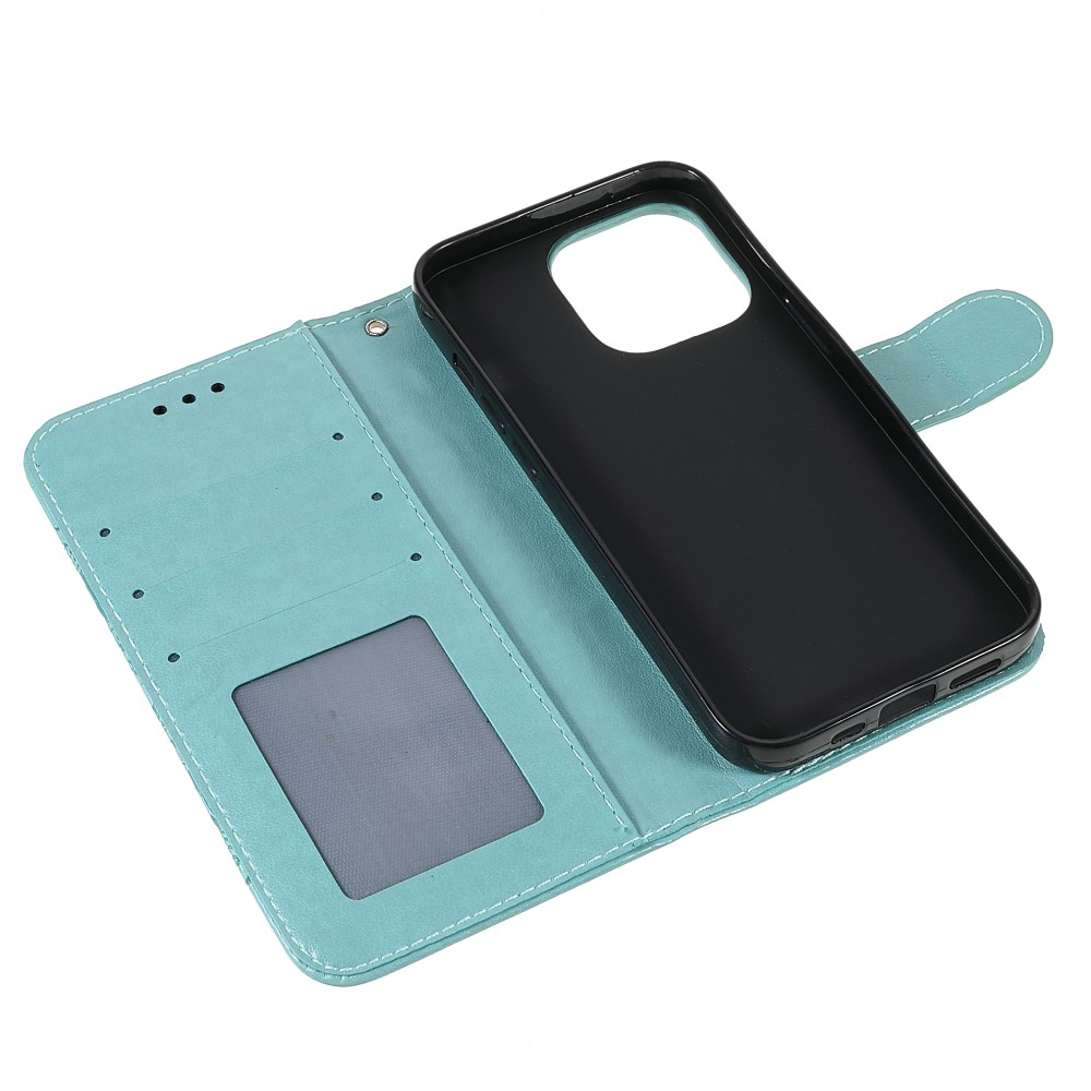 iPhone 13 Pro Leder Tasche Wallet - Mandala Flowers Imprint - Türkis