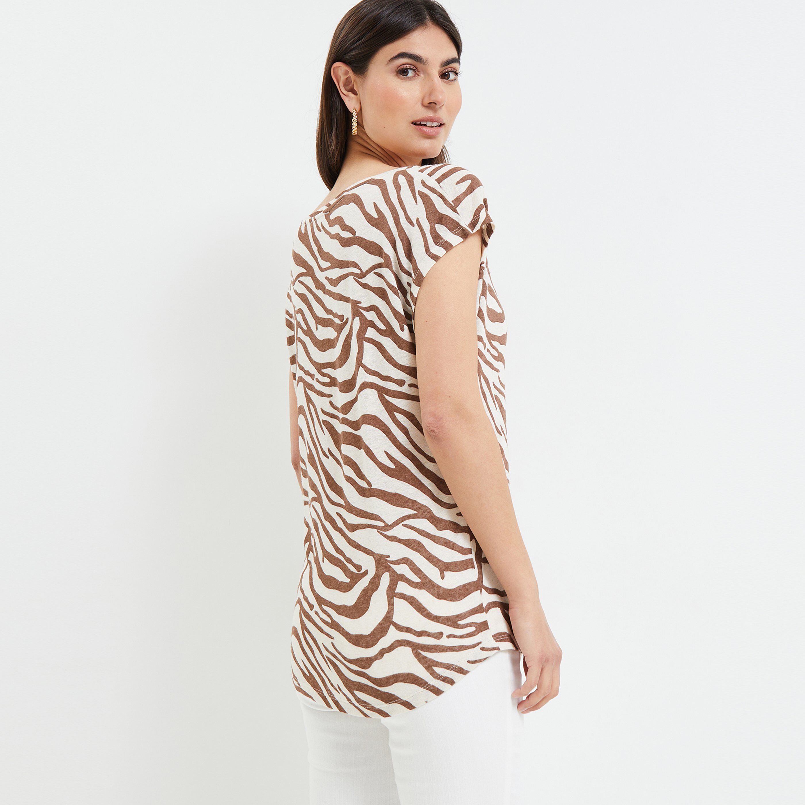 Tshirt imprimé en lin mélangé femme - MARRON