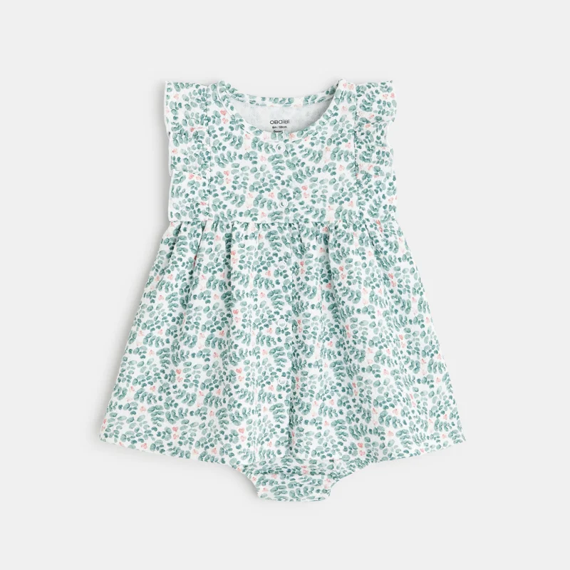 Robe fleurie gaufrée et bloomer verte naissance Vert
