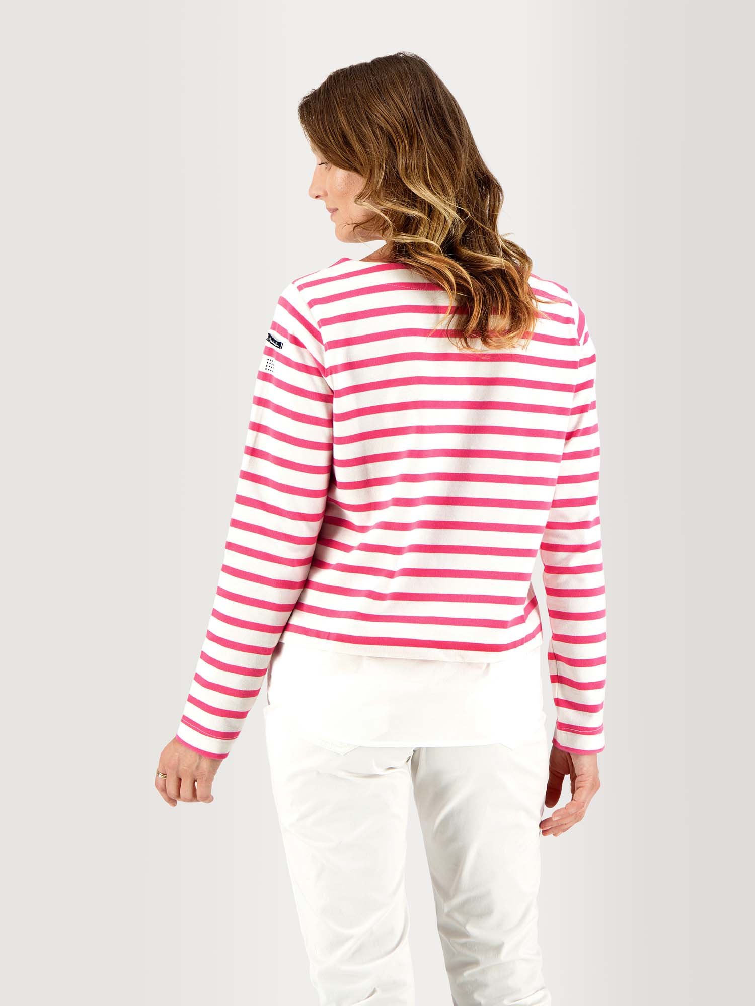 Sweat Femme Marinière Coton Blanc et Fuschia