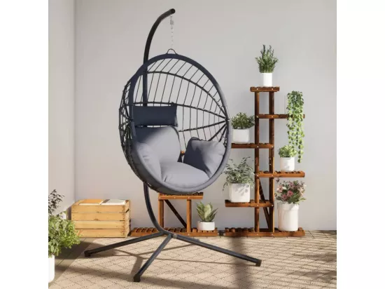 Chaise suspendue en forme d'œuf et support gris rotin et acier