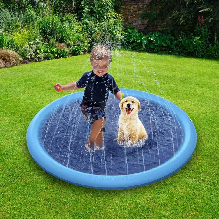 (Ø150cm) Hunde Sprinkler Matte Haustier Wasser Spielmatte Spritz Planschbecken - Blau