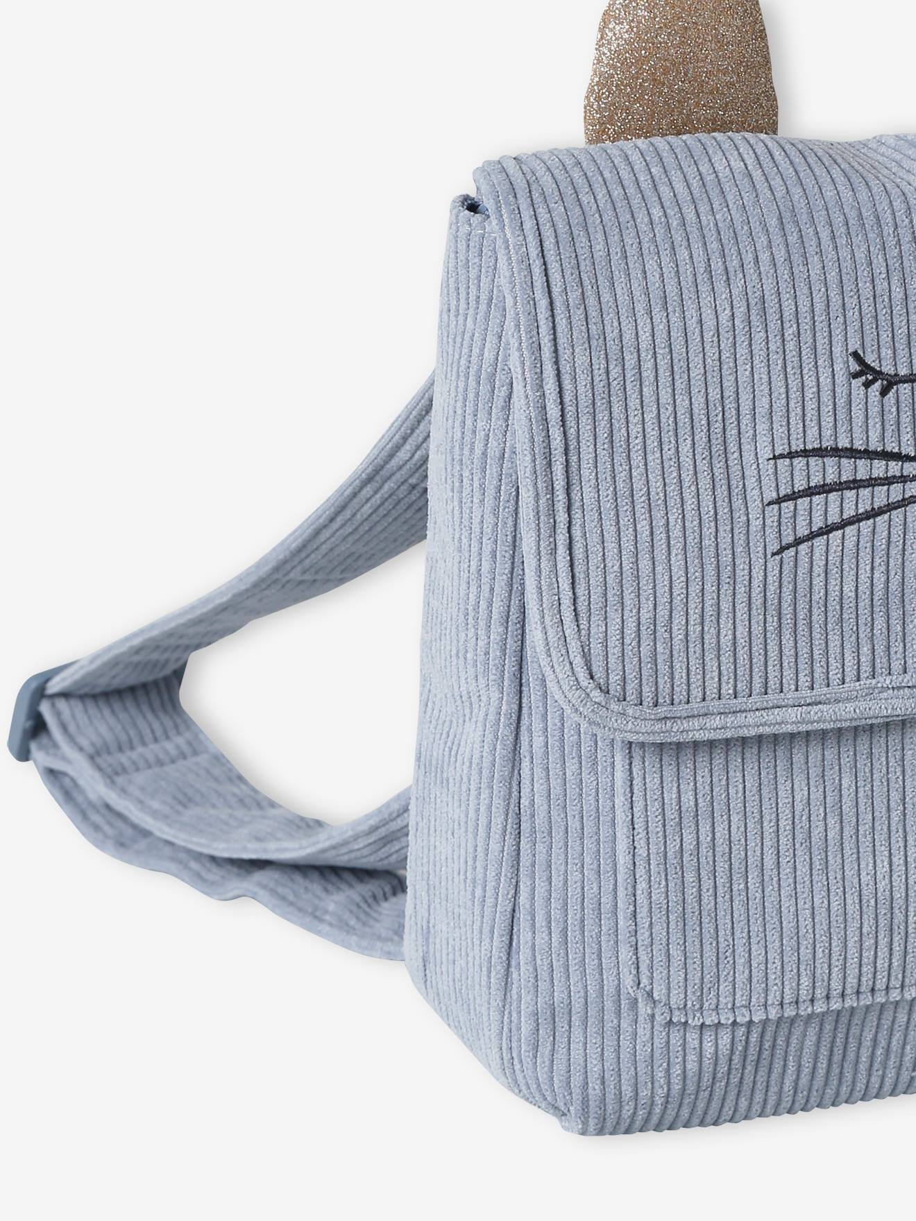 Mochila infantil de veludo cotelê azul-acinzentado para pré-escola 