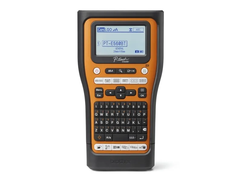 Brother P-Touch PT-E560BTVP - Etikettemaskine - S/H - termo transfer - Rulle (2,4 cm) - 180 dpi - op til 30 mm/sek. - USB 3.0, Bluetooth 5.0 - skærer - spejltryk, Full & Half Cut Function, printforhåndsvisning - sort og orange