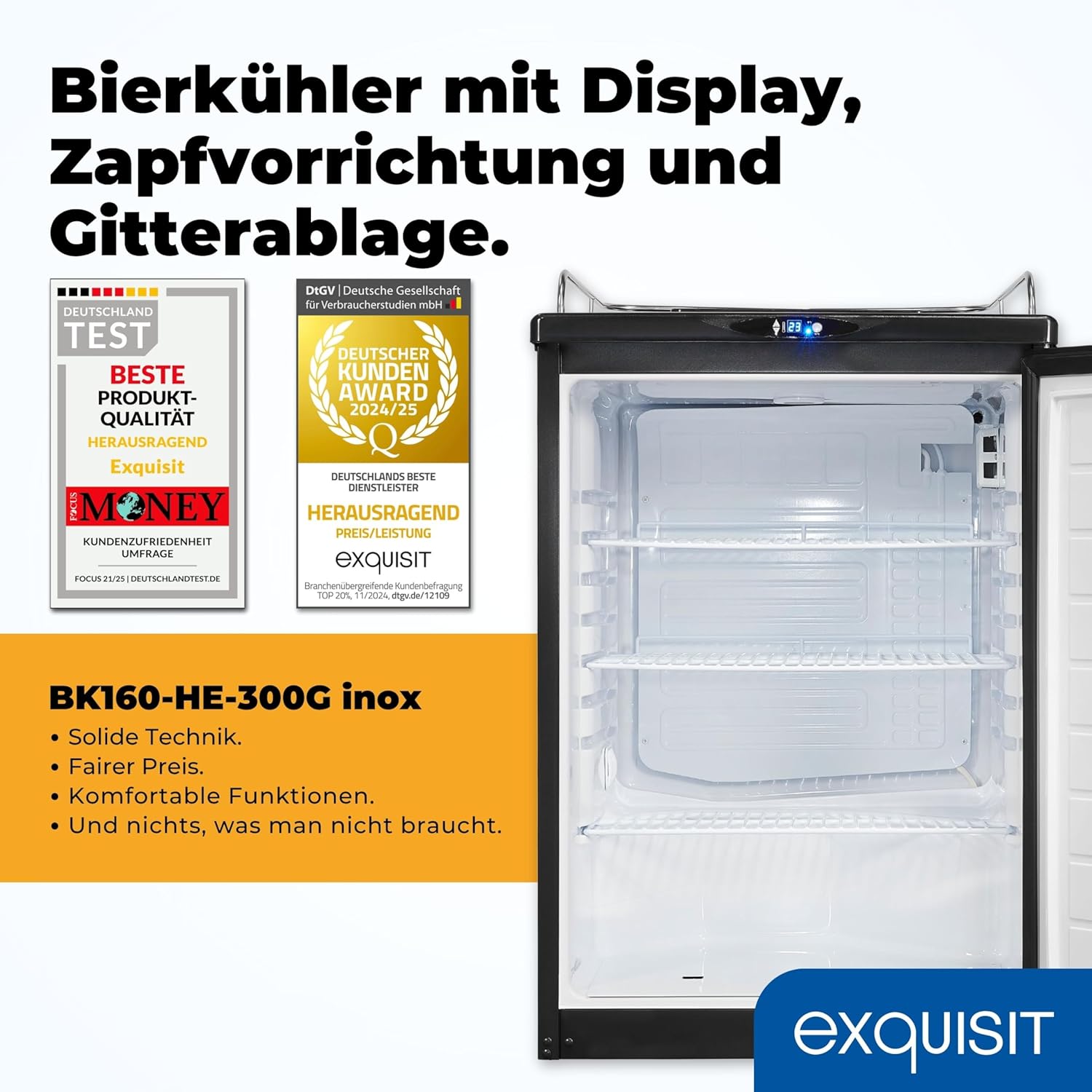 Exquisit Bierkühler, 163 Liter, mit Zapfvorrichtung, Gitterablagen, Türanschlag wechselbar, 89 cm Höhe, 42 dB, Display, BK160-HE-300G inox
