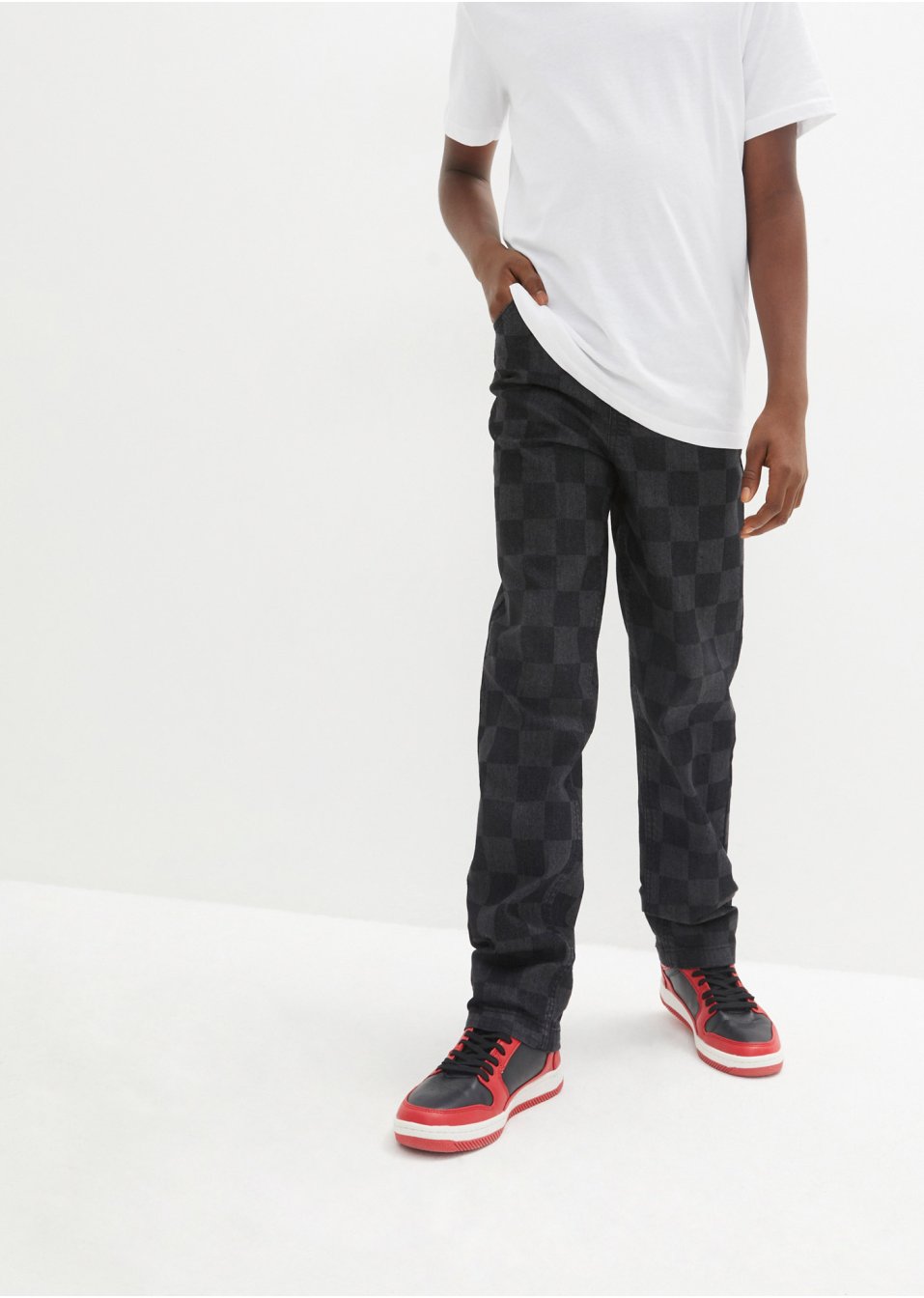 Jean garçon Wide Leg à carreaux, Loose Fit