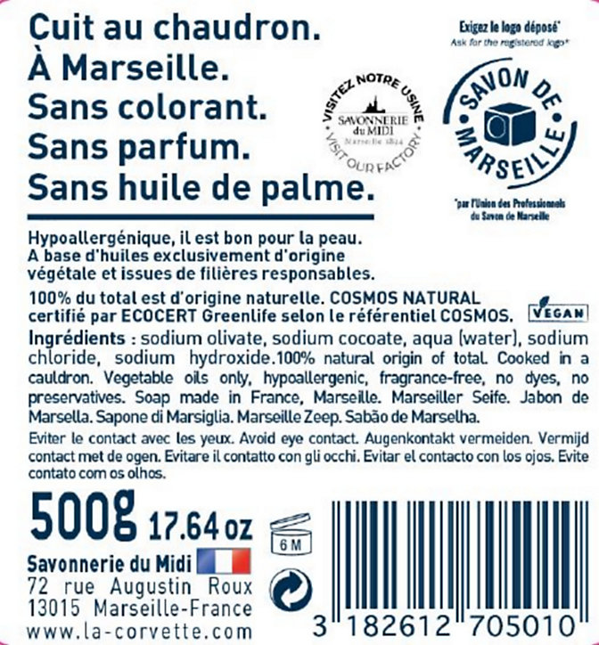 Cube de Savon de Marseille La Corvette Savonnerie du midi olive 500g