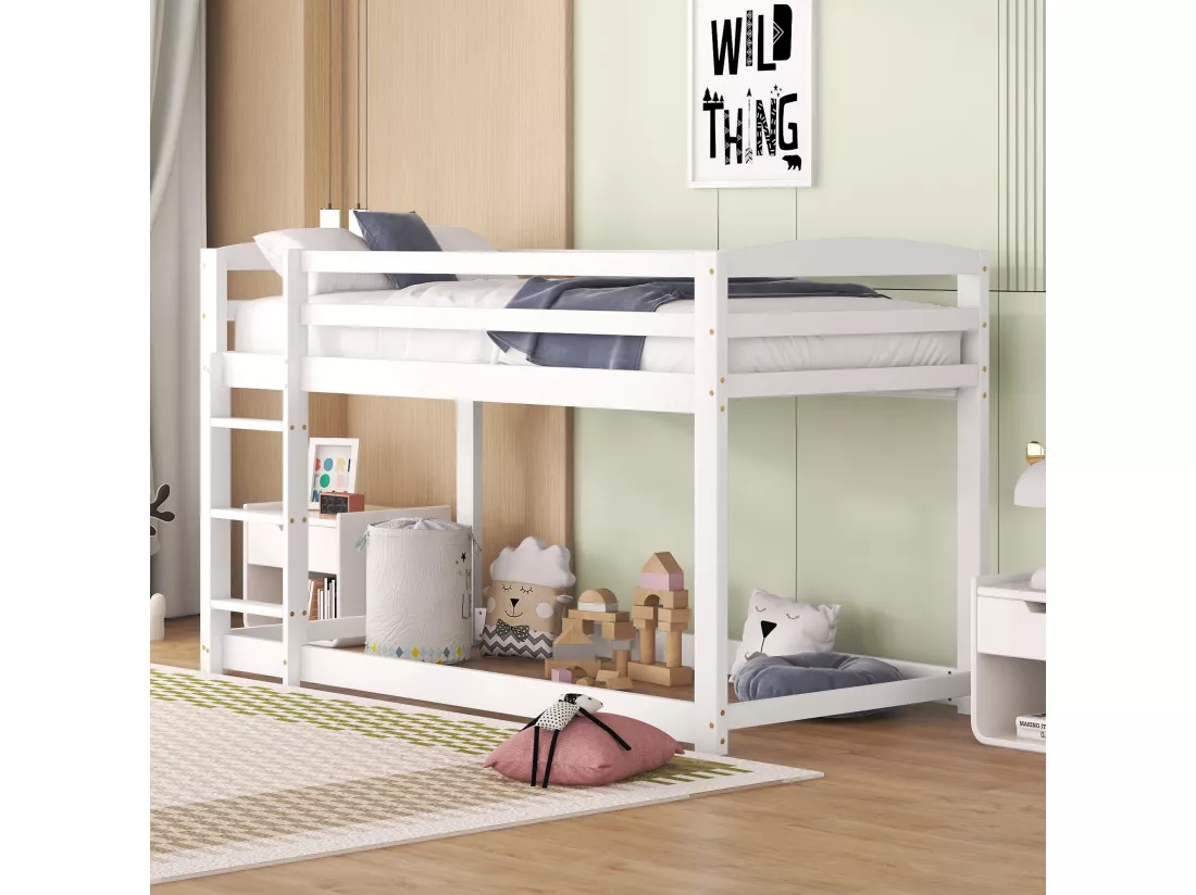 Lit superposé pour enfants et adolescents, structure en bois massif, montage facile, 90x200cm, blanc