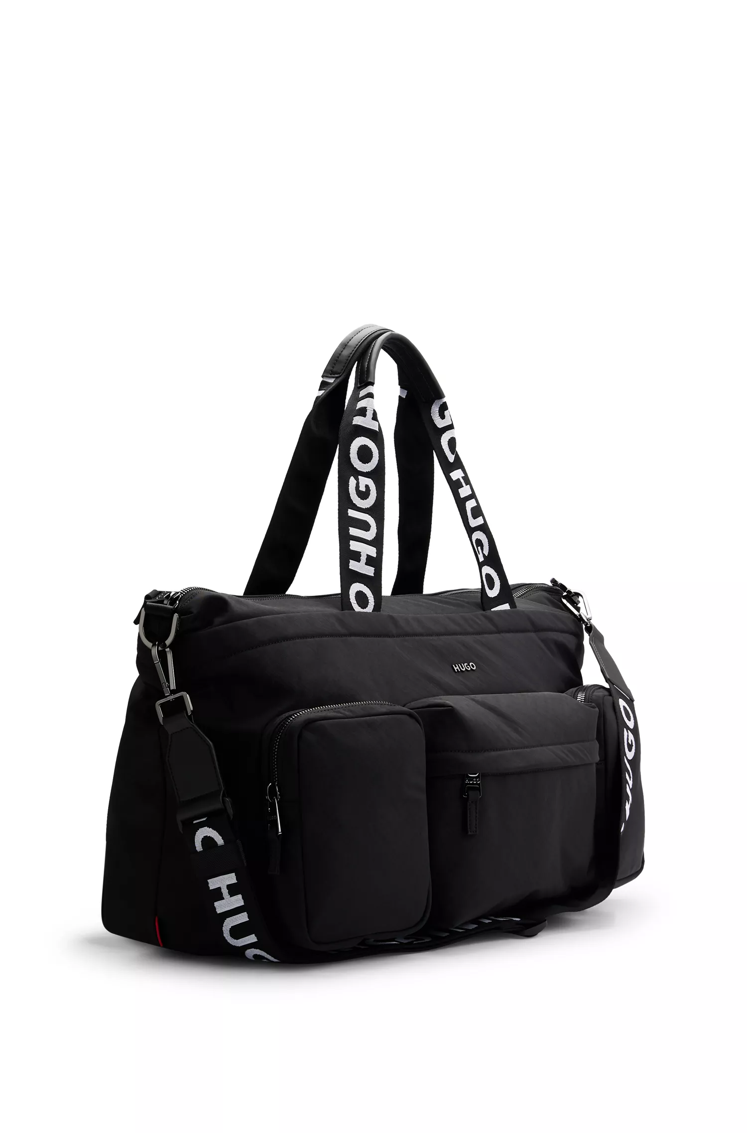Mala de viagem HUGO com detalhes em vermelho e alças personalizadas.
