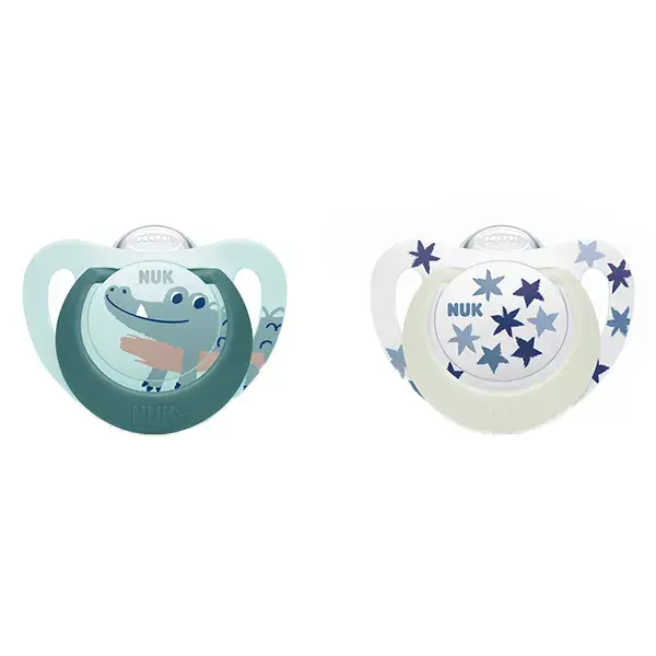 Chupeta Nuk Starlight de Silicone +6m Crocodilo Azul Estrelas Pacote com 2