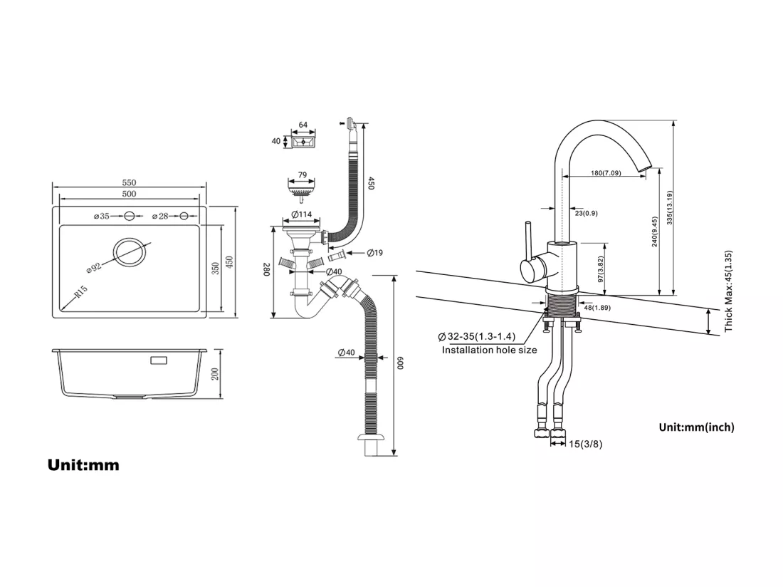 1 Bac Évier Cuisine en Granit,55*45*20cm,Kit de Vidage,Noir+Robinet Cuisine Rotatif 360°Eau Froide Chaude Noir avec points blancs