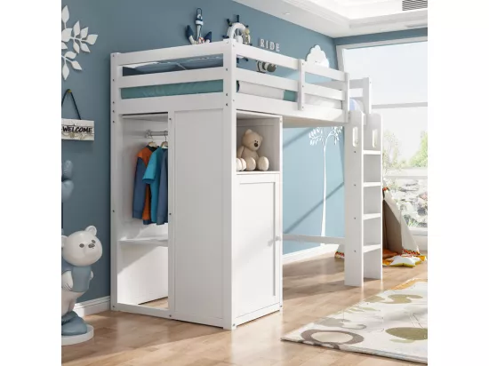 Lit mezzanine 90x200 cm en bois de pin - avec armoire et étagères - Blanc