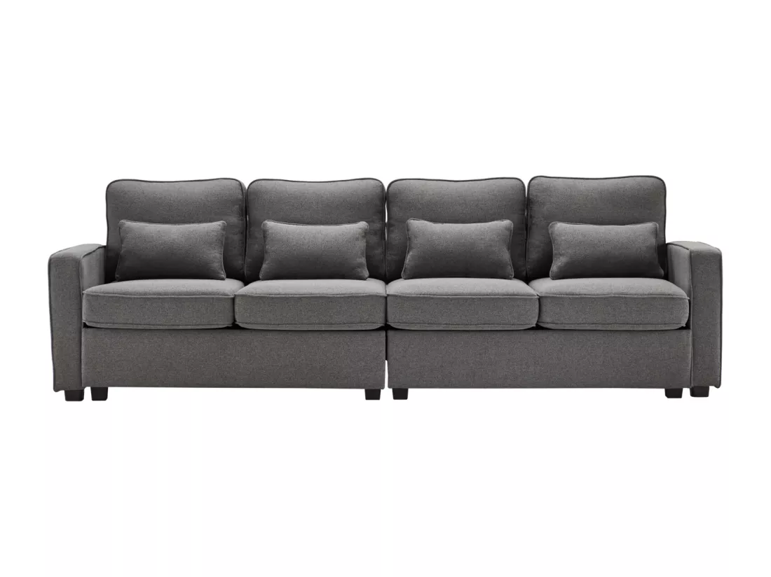 Canapé 4 places, 264x83x87cm, tissu lin, avec poches d'accoudoir et 4 coussins, style simple, pour le salon, gris foncé