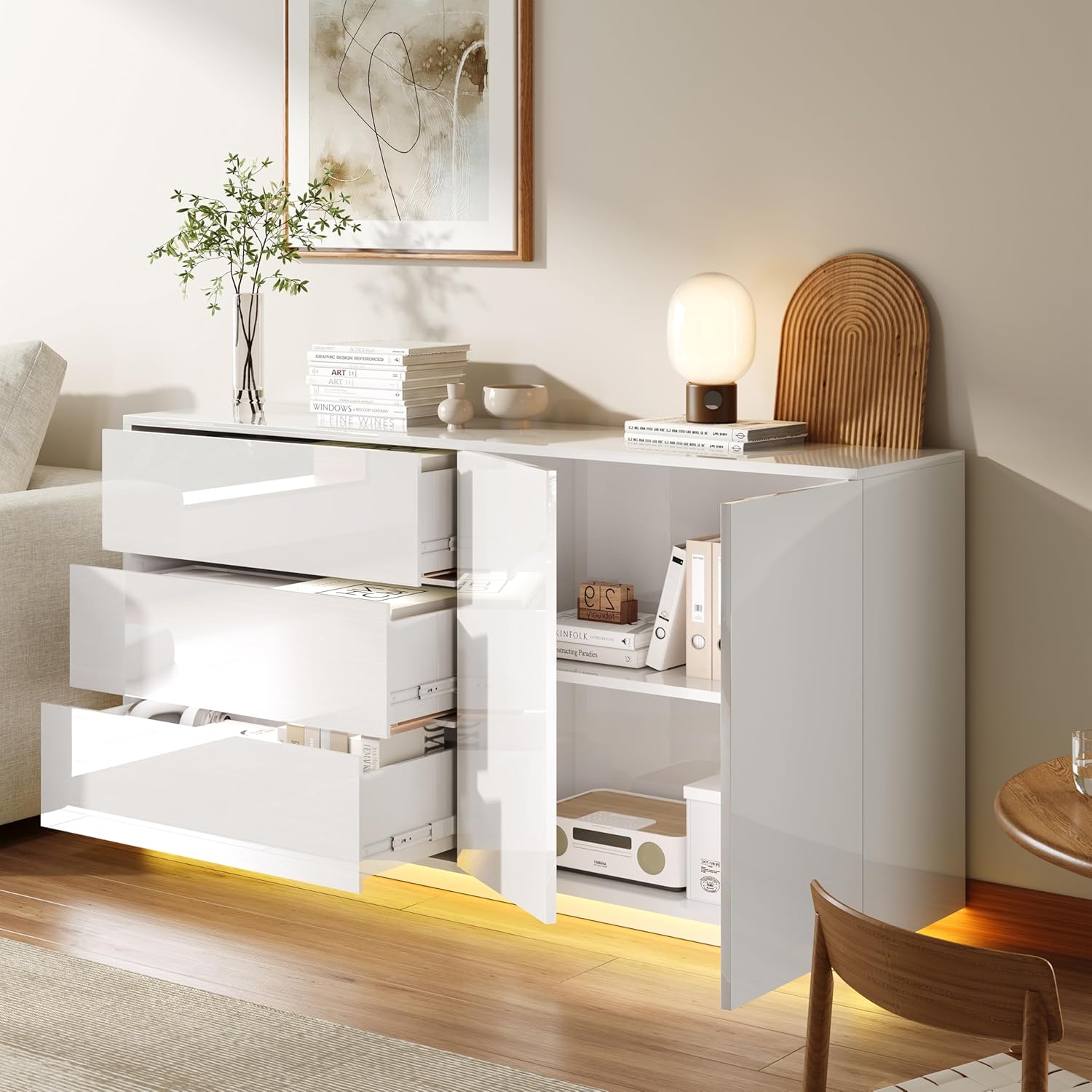 Sideboard für Wohnzimmer, weiß, glänzend, mit LED-Beleuchtung, Küchenmöbel mit 2 Türen und 3 Schubladen, TV-Schrank modern, für Wohnzimmer & Esszimmer & Küche (weiß, 160 x 35 x 76 cm)