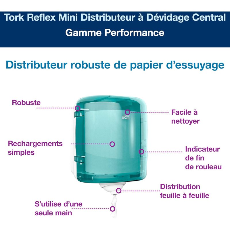 Distributeur pour bobine d'essuyage à dévidage central Tork M4 Maxi Reflex blanc-bleu