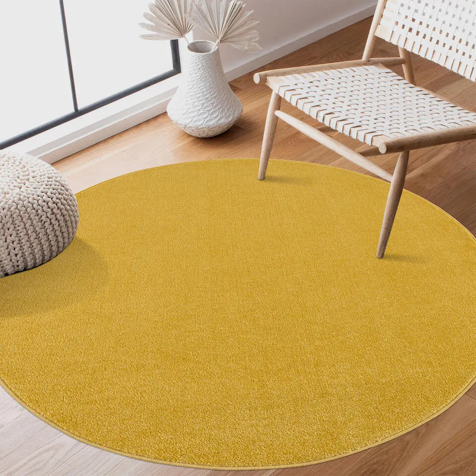 Uni Rond Effen Laagpolig Vloerkleed Modern Geel - 120 CM ROND
