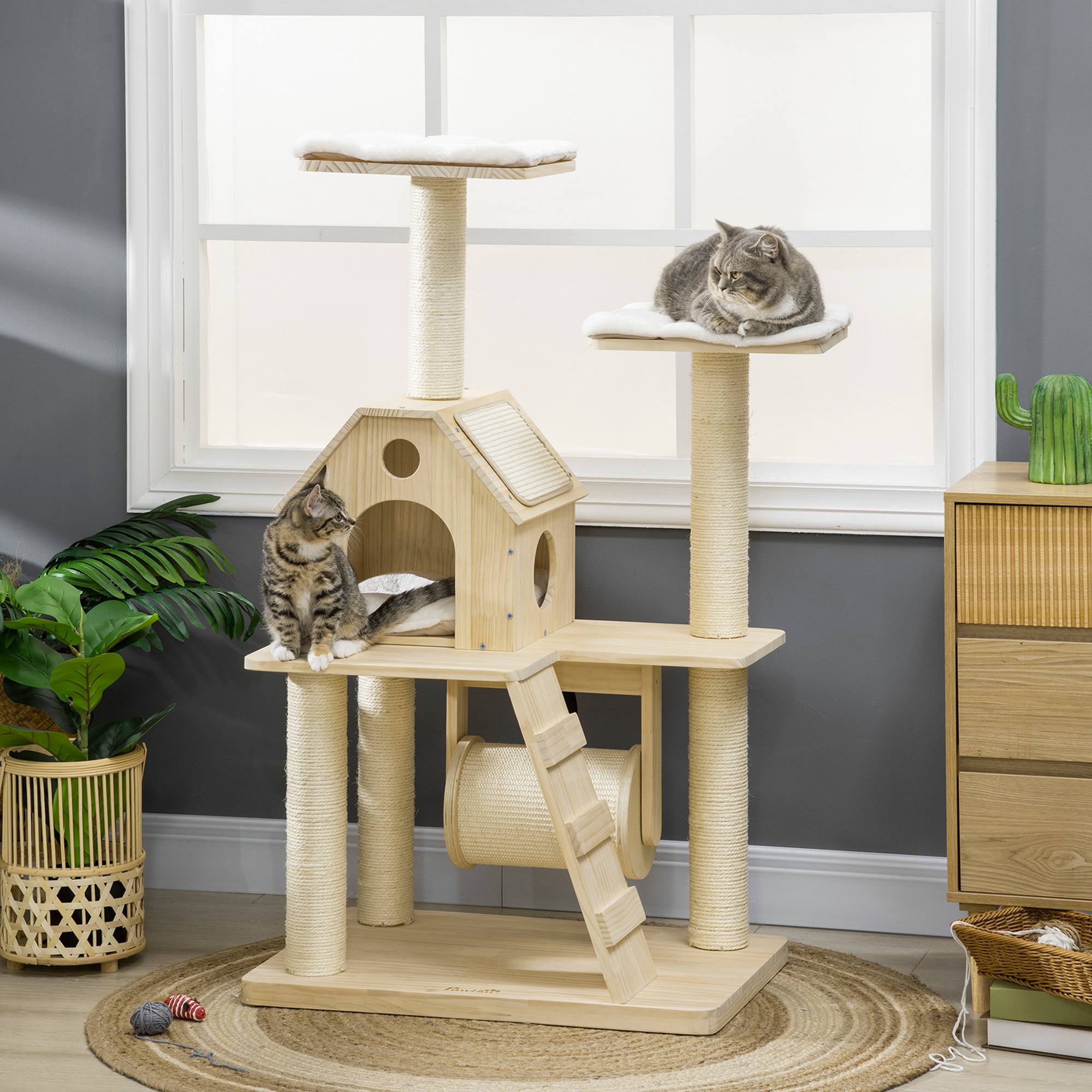 Arranhador de madeira para gatos PawHut, 125 cm de altura, torre para gatos com camas, almofada lavável, caverna, rolo, postes de sisal e rampa, 70 x 50 x 125 cm, cor natural.