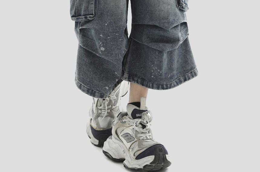 INStudio - Mid Rise Washed Ruched Capri Cargo Jeans met Wijde Pijpen