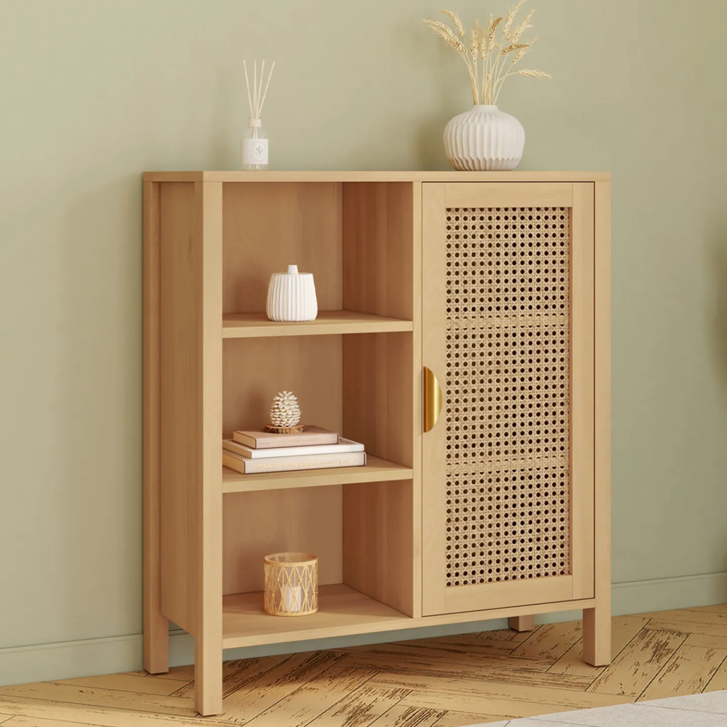 Buffet d'appoint 3 étagères et placard 70 cm EDHEN bois et cannage