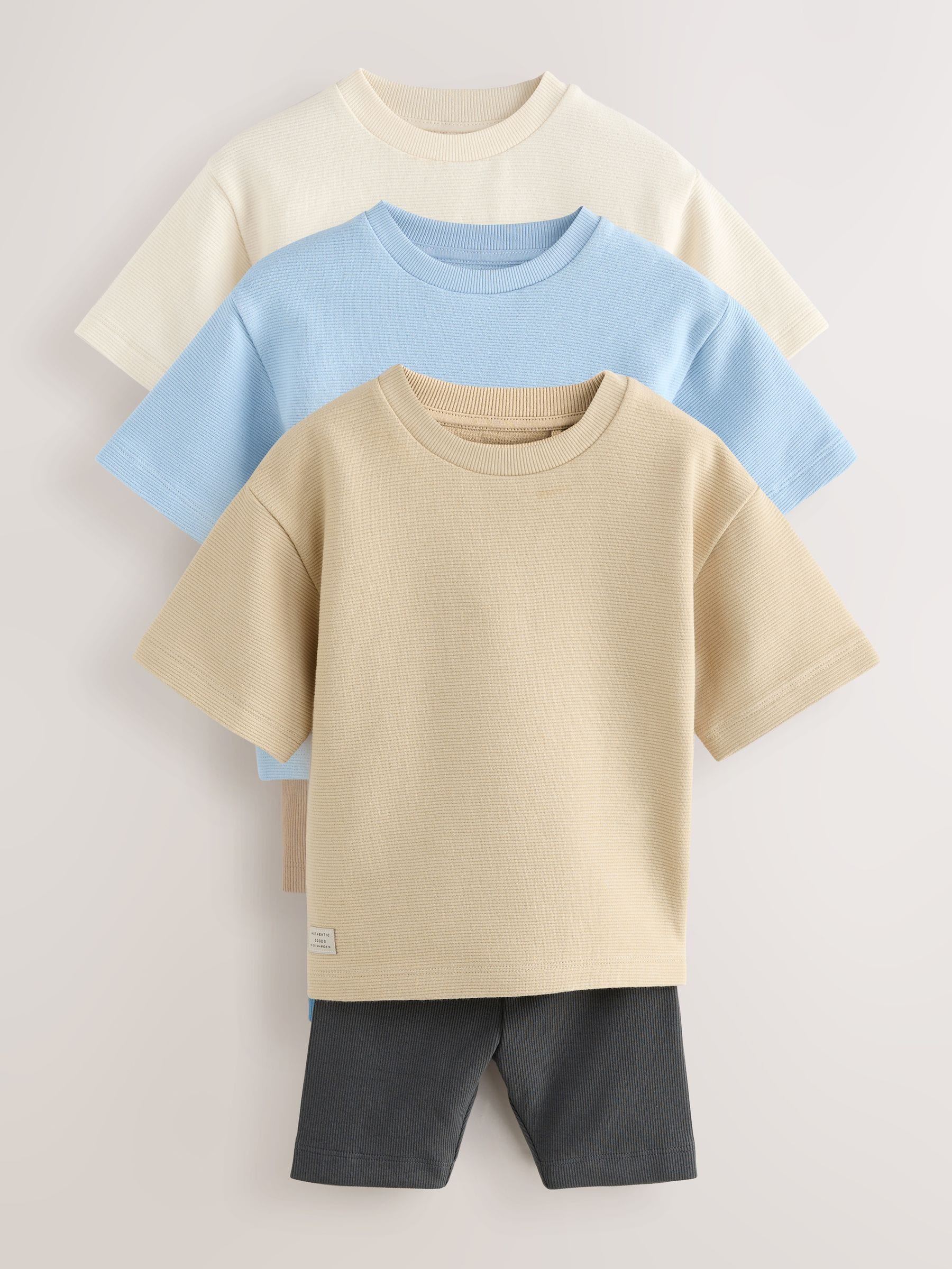 Neutraal - Set van 3 T-shirts met textuur en korte mouwen & fietsbroeken (3mnd-7jr)
