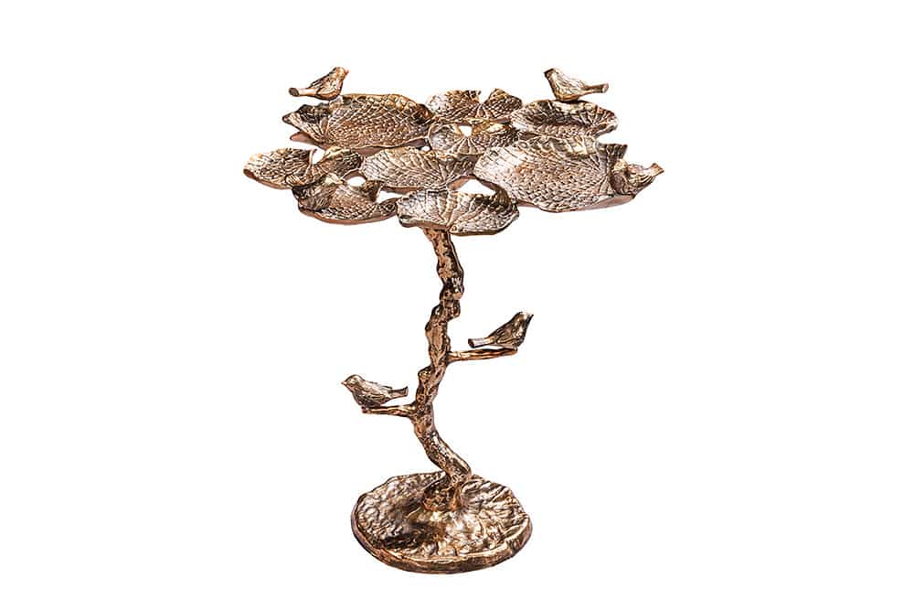 In- und Outdoor Beistelltisch BIRDS 65cm messing antik Blatt-Design wetterfest Vogel-Skulptur