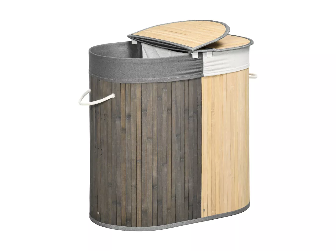 Panier à linge corbeille à linge bac à linge 100 L 2 compartiments couvercle sac amovible 2 poignées tissu bambou