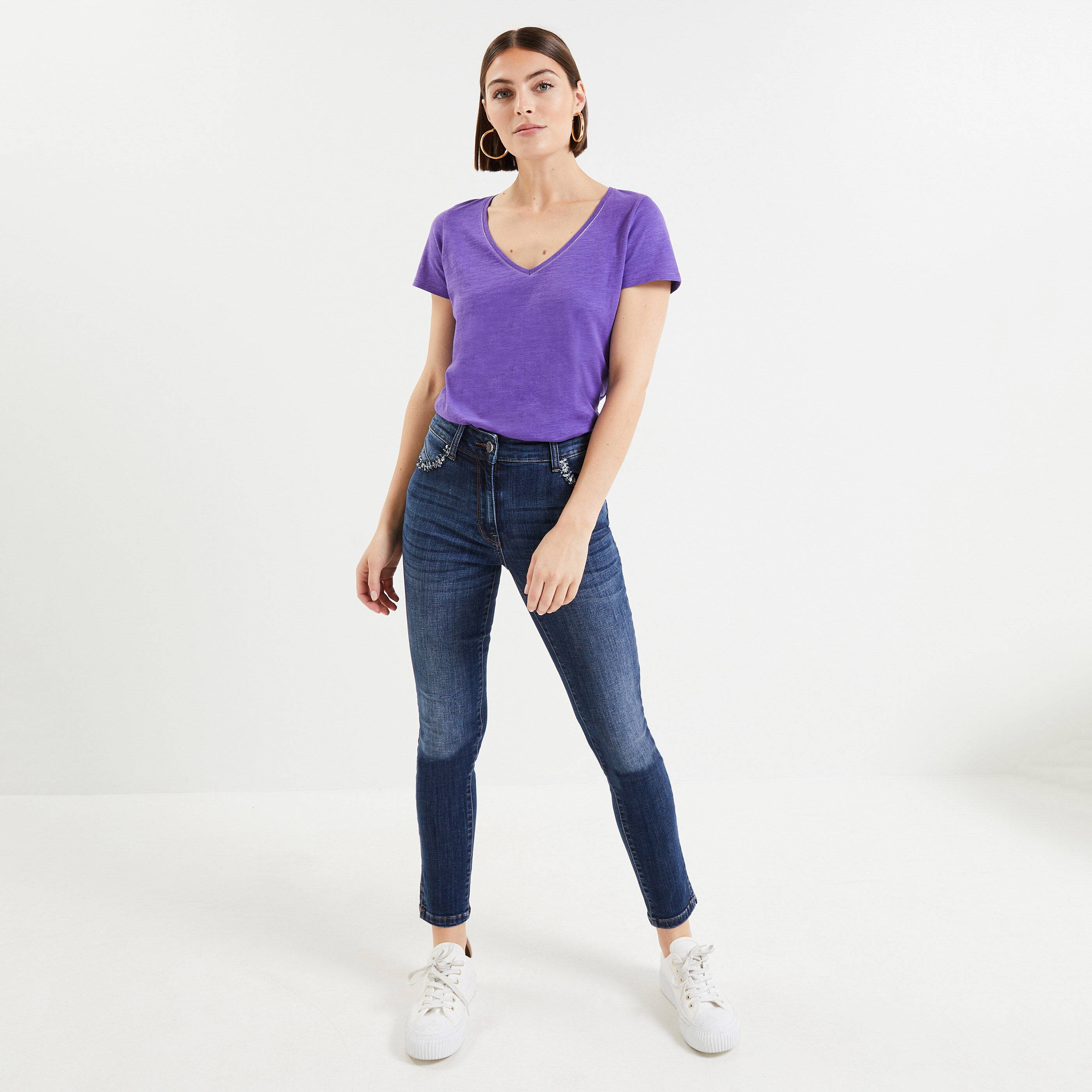 T-shirt manches courtes V femme - VIOLET
