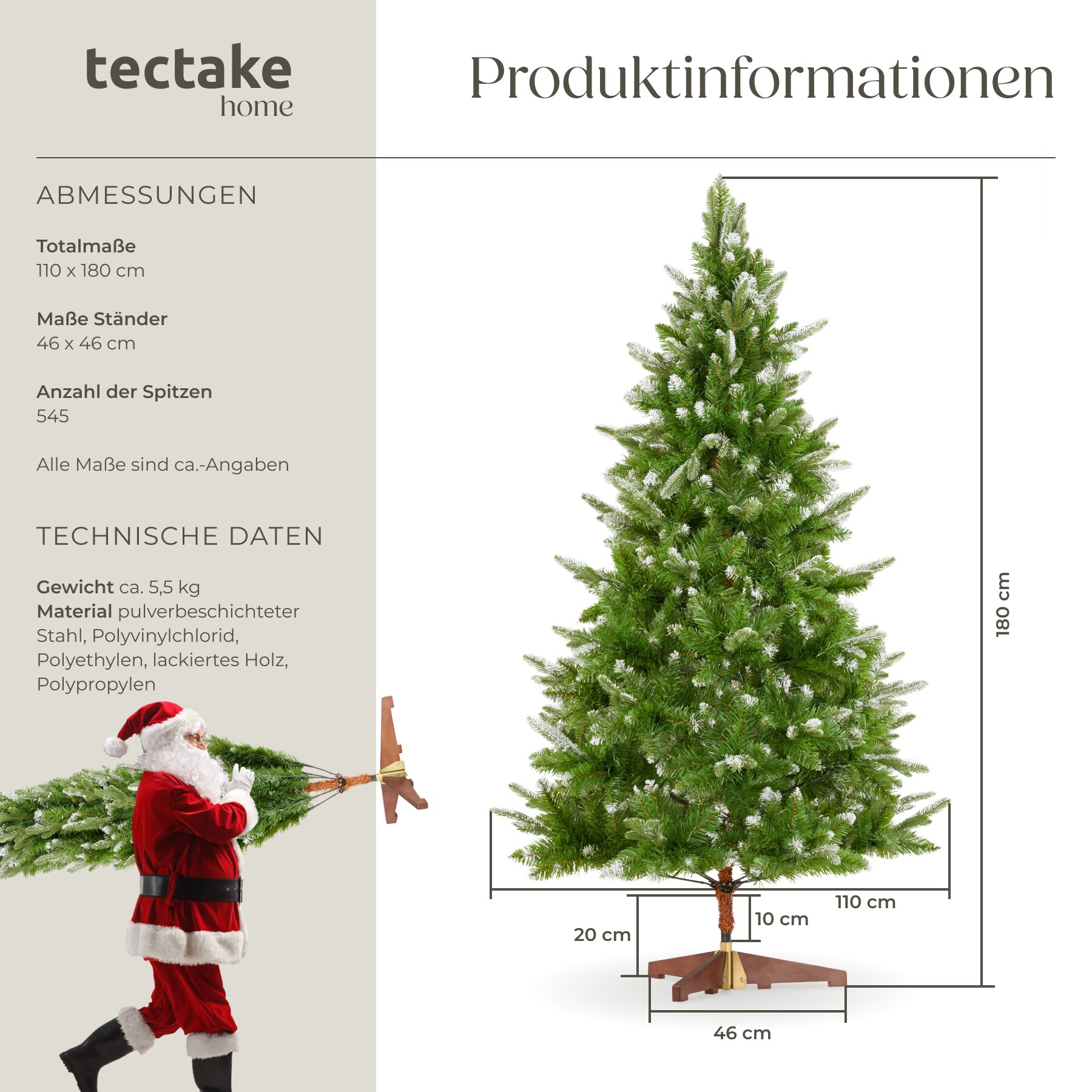 tectake® Weihnachtsbaum, künstlich in Grün, PVC- und Spritzgussnadeln, beschneite Spitzen, formbar mit viel Volumen, klappbarer Baumständer aus Holz, 110 x 180 cm