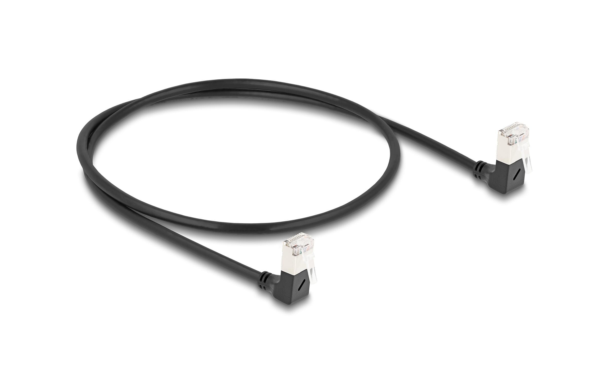 Patchkabel 90° gewinkelt Cat 6A, S/FTP, 0.5 m, SchwarzDelock RJ45 Netzwerkkabel Cat.6A S/FTP Slim 90° unten / unten gewinkelt 0.5 m schwarz