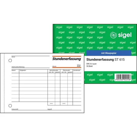 Sigel Stundenerfassung ST615 A6 quer, mit Blaupapier, 50 Blatt
